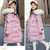 6-14 Years Girls Down Jacket Winter Keep Warm Long Style Parka Hooded Zipper Fur Collar Girls Outerwear Christmas Kids Clothes 240103