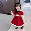 Vestido chal rojo de princesa navideña para niña, ropa infantil a la moda con terciopelo para otoño e invierno, 2023