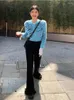 여자 니트 딥 타운 y2k하라 주쿠 블루 크롭 가디건 여성 빈티지 얼룩말 스트라이프 니트 스웨터 한국인 니트웨어 탑 2000 년대