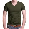 T-shirts pour hommes 2024 Stretch Lycra Col V Chemise pour hommes Couleur unie T-shirt à manches courtes pour hommes Collants Slim T-shirt