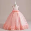 Kız Elbiseler 2024 Çiçek Elbise Uzun Etek Kızlar Düğün İşlemeli Kafes Prenses Tutu Çocuklar