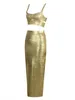 Work Dresses Women Summer Sexy Sleeveless Backless Bronzing Gold Midi Bodycon Skirt Bandage Set 2024 Elegant Evening Club Party Outfits