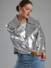 Шикарная серебряная женская мотоциклетная куртка из искусственной кожи, элегантное свободное пальто из искусственной кожи с длинными рукавами и лацканами, осеннее женское пальто 2023, 240122