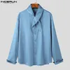 INCERUN Tops Korean Style Mens Silk Drape Necktie Shirts Casual Well Fitting Men's Solid All-match Sleeved Blouse S-5XL 240104