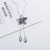 Pendant Necklaces Women Sweater Necklace Flower Blue Gray Crystal Oval-shaped Petal Silver Plated Metal Chain