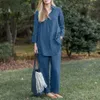 Tendencia de moda para mujer de primavera y otoño, cuello holgado, camisa de manga larga, pantalones de pierna ancha, conjunto Retro informal elegante de Color sólido