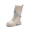 Bottes filles mode longue automne princesse diamants décoration haute enfants unique cuir