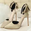 Dress Shoes 5196 Certified Korean Style Beauty Seduce With Thin High Heels Shallow Mouth Pointed Silk Hollow Back Bow And Sandals