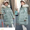 6-14 Years Girls Down Jacket Winter Keep Warm Long Style Parka Hooded Zipper Fur Collar Girls Outerwear Christmas Kids Clothes 240103