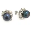 Studörhängen 9-10 mm svart naturlig knapp Pearl 925 Sterling Silver Women Earring