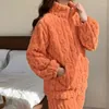 Women's Sleepwear 2024 Autumn Winter Jacquard Fleece Loungewear Cardigan High Collar Coral Pajama Warm Homewear Set