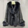 플러스 여자 여우 모피 칼라 진짜 토끼 피부와 가죽 모피 재킷 슬림 얇은 얇은 암컷 겉옷을 가진 겨울 코트