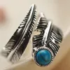 Bracelet Real Sterling Sier Rings for Men and Women Vintage Feather Ring with Natural Stone Jewelry Adjustable Opening Type