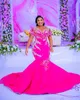 Fuchsia plus size aso ebi prom klänningar sjöjungfru illusion långa ärmar strass formella kvällsklänningar för afrikanska svarta kvinnor födelsedagsfest klänning pageant nl307