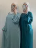 Ramadan Eid Satin Abaya Dubaï Turquie Flare Manches Musulman Hijab Robe Plaine Fermée Abayas pour Femmes Islamique Vêtements Kaftan Robe 240103