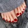 Unghie finte Soild Red Press On Toe Nails Breve punta quadrata Consigli artistici Salon Donna Ragazze Manicure Bastone acrilico Chiodo finto per piede