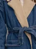 أنيقة Lambswool Denim Windbreaker Women مع حزام Laceup Laceup مزدوج الجيب الطويل معطف الخريف الشتاء الرياح الدافئة 240122