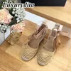 High Quality Designer Womens woven strappy Sandals Fashion Design Ankle Casual Pumps Muller Shoes Luxury Trend High Heels Office Girl triangle heel YMPR 0020