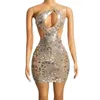 Stage Wear Women Sexy Bling Silver Mirrors Backless Short Dress Evening Birthday Celebrate Party Show Performance Costume