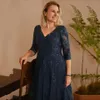 Elegant Navy Blue Mother of The Bride Dresses V Neck 3/4 Long Sleeves Lace Appliques Beaded Tulle A Line Wedding Guest Gown For Women 2024 Plus Size Evening Dress