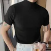 Summer Tight Knited T-shirt Casual Streetwear High-neck Solid Color Short-sleeved Bottoming Tees S-3XL Luxury Clothing 240103