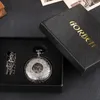 Montres de poche lisses sur 2 côtés, boîtier ouvert, chaînes de montre mécaniques, Steampunk, squelette argenté, Clip Fob à main pour hommes et femmes