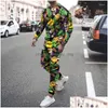 Herrspårar Mens 2022 Sportswear Suit Retro Skl 3D Tryck rund halströja jogging byxor Två styckesgator Drop D DH4PZ
