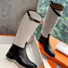 Elgant Jumping Leather Riding Knee-High Boots -Tab Round Toe Slip-On Flat Heels Chelsea Knight Booties Luxury Designer Women Fashion Shoes Factory Factwear Box