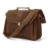 Briefcases Vintage Crazy Horse Leather Men Briefcase Large Business Bag Genuine 15"laptop Tote Shoulder Portfolio Brown