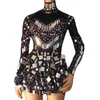 Stage Wear Miroir Paillettes Strass À Manches Longues Mini Robe Costume Brillant Pour Les Femmes Soirée Costumes Discothèque Spectacle De Danse