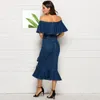 Abiti da festa OKAYOASIS Donne sexy Slash Neck Ruffles Bodycon Denim Abito casual Jeans eleganti Maxi