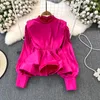 Blouses pour femmes Vintage Satin femmes bouffées à manches longues chemise et chemisier dos fermeture éclair élégant mode coréenne Blusas De Mujer Drop