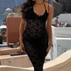 Abiti casual Puloru Abito estivo lungo in pizzo nero Camicetta da donna senza maniche Trasparente Ricamo con cinturino per spaghetti Copricostume da spiaggia