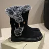 Boots Suede Work Ladies Snow Black Mid Galf Round Toe نصف أنيقة مع الكعب المتوسط ​​أحذية أنثى بنية ربيع 2024 مبطنة