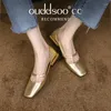 Sapatos de vestido Ods Couro Genuíno Mulheres Mary Janes Salto Grosso Bombas Cristal Salto Alto Senhora Calçado Primavera Vaca Preto 33-40 Ouro