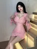 Casual Dresses WOMENGAGA Sexy Hook Lace V-Neck Flare Sleeve Transparent Pink Long Short Slim Dress Elegant Women Mesh Sweet 1P60