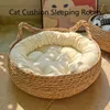 Four Seasons Cat Bed Woven Lösningsbar klädsel Sleeping House Scratch Floor Rattan Washable Cats Pet Products Accessories 240103