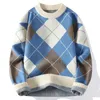 Herbst und Winter Mode Trend Crewneck Plaid Pullover Herren Casual Lose Bequeme Dicke Warme Hochwertige Strickwaren 240103