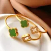 18K Gold Luxury Clover Designer Bangle Bracelet Retro Vintage Womens White Green Stone Open Elegant Charm Bling Diamond Crystal Bangles Bracelets Jewelry