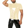 T-shirt da uomo Wetlook PVC Pelle Bottoni da uomo Top Nighclub Party Dolcevita T-shirt a maniche corte Sissy Male Faux Latex Slim Tees 7XL