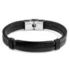 Charm Bracelets Simple Style Men's Black Genuine Leather Bracelet Stainless Steel Double-layer Braid Bangles For Men Jewelry