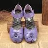 Sandali eleganti floreali da donna 2024 scarpe con tacco in pelle viola di lusso Caual sandali peep toe Femme mamma designer Mary Janes sandalo