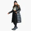 レザーサンテロン冬の長いパーカーコート女性のためのカジュアルブラック太い暖かい暖かいパフジャケットを調整可能なウエストファッションフード付きアウター