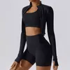 LL-8047 Roupas femininas de ioga de três peças colete + shorts + jaquetas ternos exercícios justos roupas de fitness corrida elástica camisa adulta treino roupas esportivas elásticas