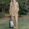 Tendencia de moda para mujer de primavera y otoño, cuello holgado, camisa de manga larga, pantalones de pierna ancha, conjunto Retro informal elegante de Color sólido