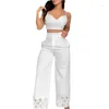 Calças femininas de duas peças define outifits das mulheres 2024 moda com decote em v cami colheita topo casual branco oco para fora perna larga cintura alta conjunto