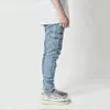 Street Elastic Jeans Men Denim Cargo Pants Wash Solid Color Multi Pockets Casual Mid Waist Trousers Slim Fit Daily Wear Joggers 240104