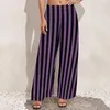 Pantaloni da donna Pantaloni dritti stampati da spiaggia oversize con stampa a righe verticali con linea nera e viola da allenamento