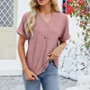 Kvinnors T-skjortor T-shirts Spring och sommar fast färg V-ringad krullad kortärmad knäppt löst casual t-shirt kläder för kvinnor