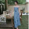 Casual Dresses Women's Spaghetti Strap Tight Dress Floral Print Boho Vintage Chiffon Elegant Lace-up Blue Vestidos Drop